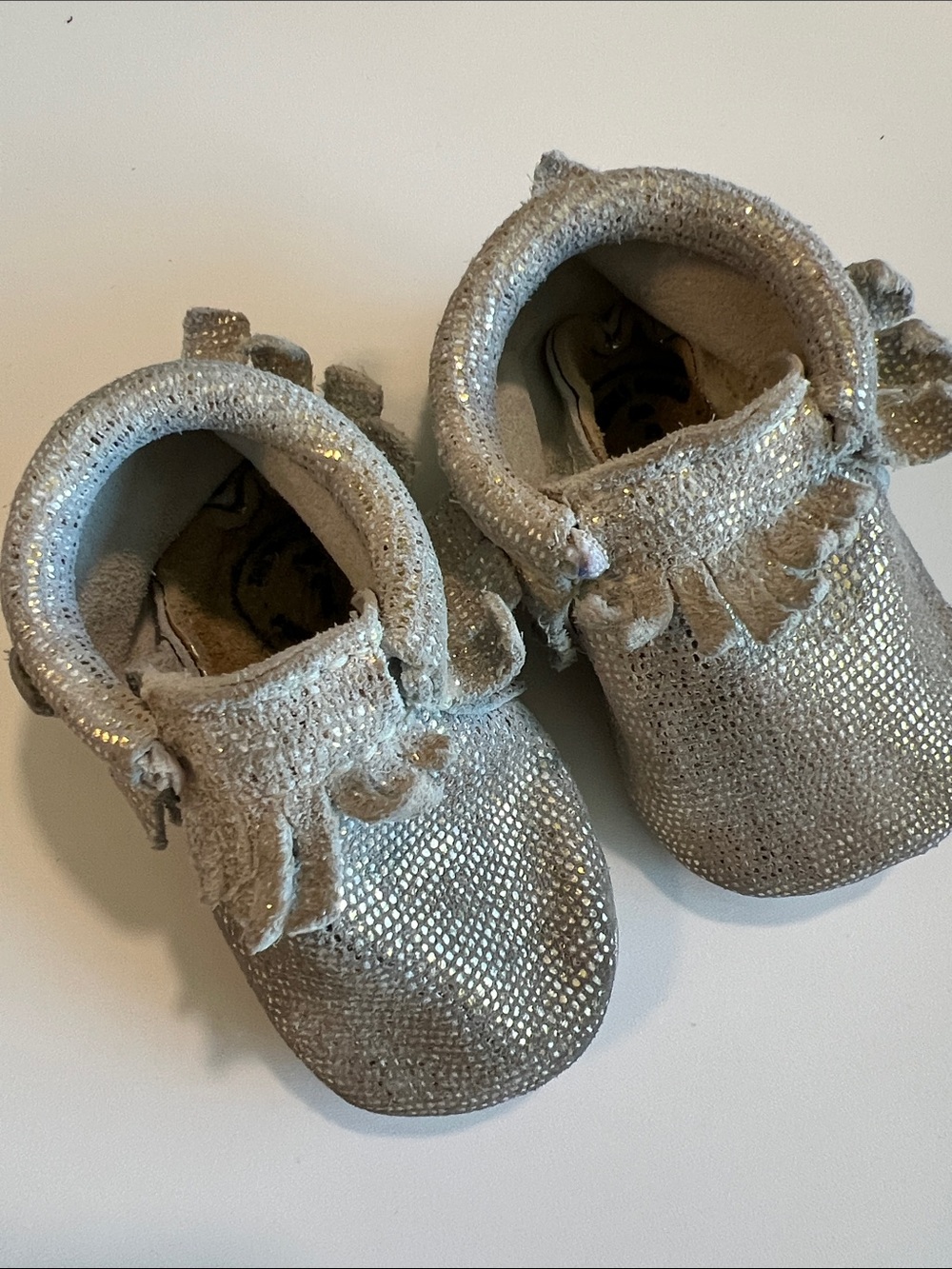 Freshly Picked - 2, Baby Glitter Metallic Silver Moccasins, Fringe